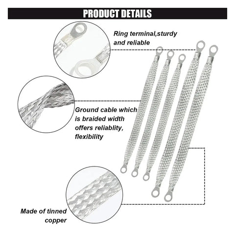 Top Shelf Braided Automotive Ground Strap Kit Includes Five Heavy Duty Copper Cable Wires With Secure Ring Terminals showing braided tinned copper cables.