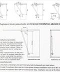 Cupboard door pneumatic underprop installation sketch map illustrating dimensions for Two Pack Heavy Duty Black Gas Strut Lift Supports For Kitchen Cupboard Doors.