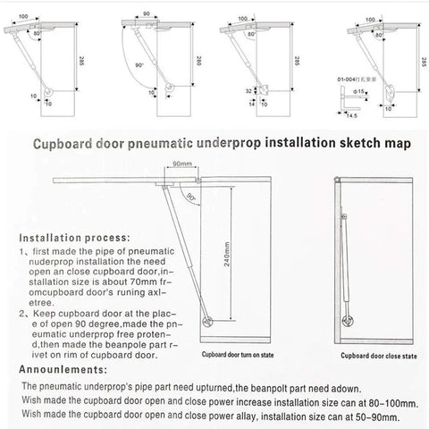 Cupboard door pneumatic underprop installation sketch map illustrating dimensions for Two Pack Heavy Duty Black Gas Strut Lift Supports For Kitchen Cupboard Doors.