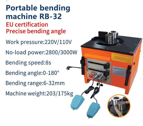 Pro Grade Hydraulic Electric Rebar Bender Built Like A Tank To Bend Steel Rods At One Eighty Degrees With Swappable Rollers Handling Six To Thirty Two Millimeter Bars For Contractors Wanting Zero Hassle, featuring an orange portable machine with pedal controls.