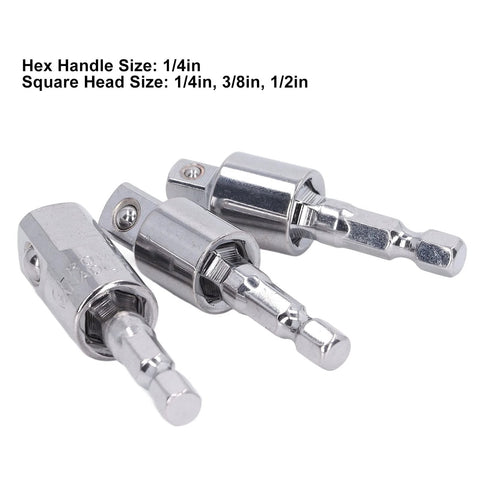 KANASI electric drill socket adapters, 3-piece chrome-plated set with square drive and 360-degree rotating sleeve