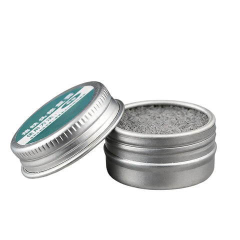 Pro Grade Soldering Tip Tinner Paste For Oxide Removal And Tip Longevity in open 6g aluminum jar, lid beside, for electronics repair.