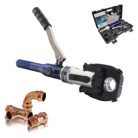 Pro Grade Hydraulic Copper Pipe Press Tool With U Th M V Dies For PEX Clamping And Copper Fittings, tool and case shown