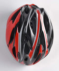 Red and black bicycle helmet with aerodynamic design and ventilation openings
