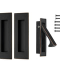 Slick Recessed Pocket Door Hardware Set With Flushing Edge Pull And Two Legit Heavy Duty Slide Handles For Smooth Closet Barn Door Operation In Top Shelf Oil Rubbed Bronze Finish including handles and screws.