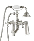 Deck Mount Clawfoot Tub Faucet With Telephone Shaped Handheld Shower 6 Inch Center Vintage Style 360 Degree Rotation Spout And Cross Handles Brushed Nickel Tub Filler Durable Solid Brass