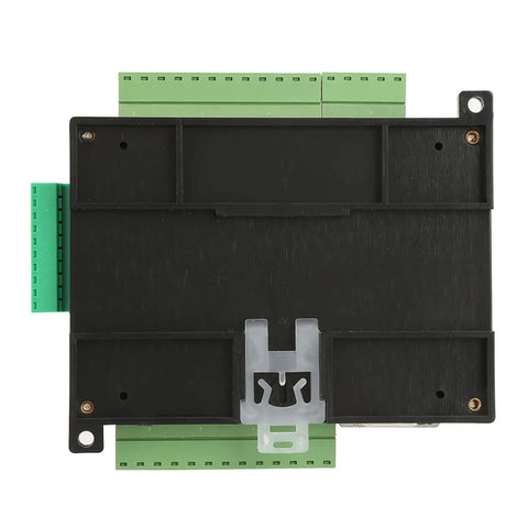 DC24V PLC Controller with 32-bit MCU, rear view showing DIN rail mountable design and terminal connections.