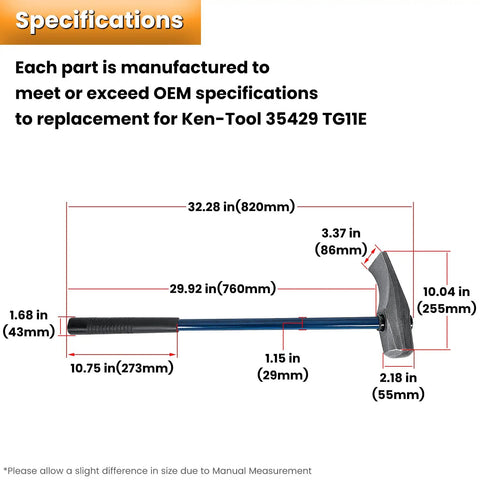 Specifications of 32 Inch Duck-Billed Bead Breaker Hammer Replacement Wedge TG11E Pro Grade with detailed measurements.