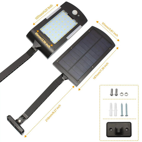 Wireless Outdoor Solar Flood Lights With Motion Sensor Two Pack No Wires Needed For Easy Setup And Security, 48 LED waterproof with dimensions and mounting kit visible.
