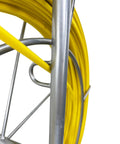 Close-up of Pro Grade 8MM 150M Fiberglass Duct Rodder For Cable And Wire Pulling Conduit Fish Tape in yellow with metal cage