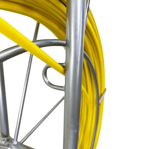 Close-up of Pro Grade 8MM 150M Fiberglass Duct Rodder For Cable And Wire Pulling Conduit Fish Tape in yellow with metal cage