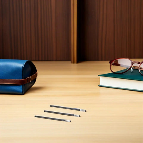 Ten Pairs Glasses Arm Replacement Kit With Metal Temple Tips, showing anti slip eyewear grips near case and book on wooden table.