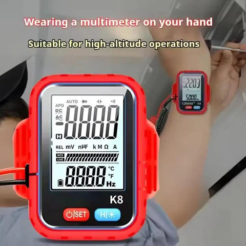 Pro Grade Digital Multimeter With Auto Range And Backlight Portable Handheld Meter in use by electrician on arm