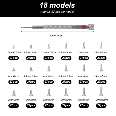 500Pcs Self Tapping Screw Kit M1.2 M1.4 M2 For Eyeglasses Watches Electronics And Laptop Repair, 18 models with precision screwdriver.