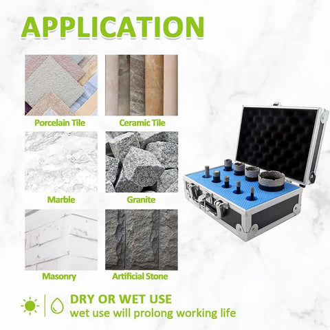 Diamond Core Drill Bits Set 6/8/10/16/19/25/32/51mm Hole Saw Kit With 10mm Diamond Finger Milling Bit showcased with materials.