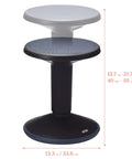 Black SitWell Wobble Stool With Adjustable Height For Active Seating In Classrooms And Libraries, shown with height range.