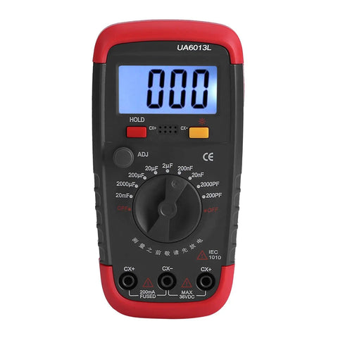 Capacitance Meter Multimeter For Capacitors 0.1pF To 20000uF with LCD backlight, safety jacket, and 1999 digit display.