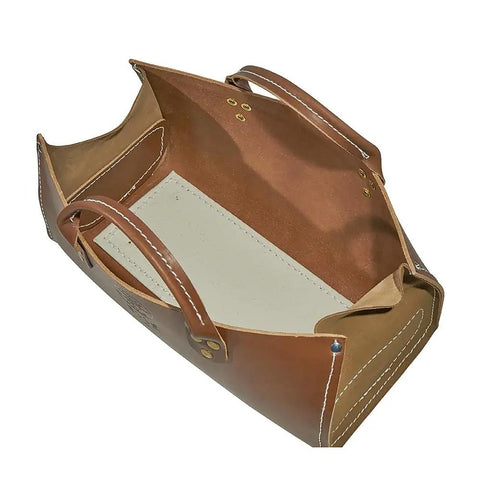 Heavy Duty Leather Tool Tote Bag With Double Ply Bottom And Steel Studs Stitched And Riveted Construction, open top view
