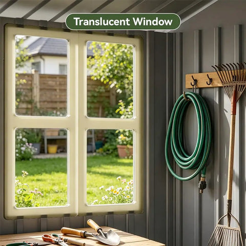 Interior view of Heavy Duty Metal Storage Shed With Window, Lockable Garden Toolhouse, showing window and garden tools inside, Light Gray 8X6Ft