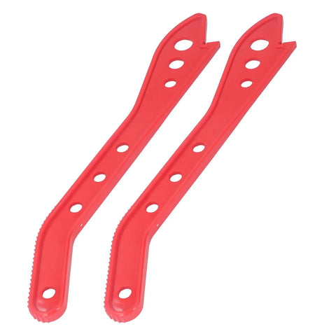Pair of red plastic ergonomic table saw push sticks 2 pack, safety tools with holes for grip, for pushing stock through table saws and routers.