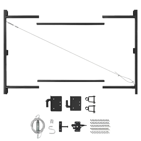 Heavy Duty Steel Adjustable Gate Frame Kit For 60 To 96 Inch Openings components, including steel rails, brackets, and hardware.