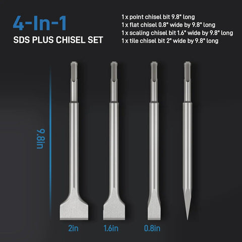 Four-piece SDS Plus rotary hammer chisel set with pointed and flat chisels for tile, concrete, brick demolition and chipping