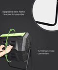 Two Chamber Outdoor Compost Tumbler Bin With Built In Thermometer For Easy Temperature Monitoring, large view with green door.