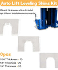 Rock Solid Sixty Piece Auto Lift Leveling Shims Kit for Two And Four Post Vehicle Hoists showing 3 sizes of aluminum shims.