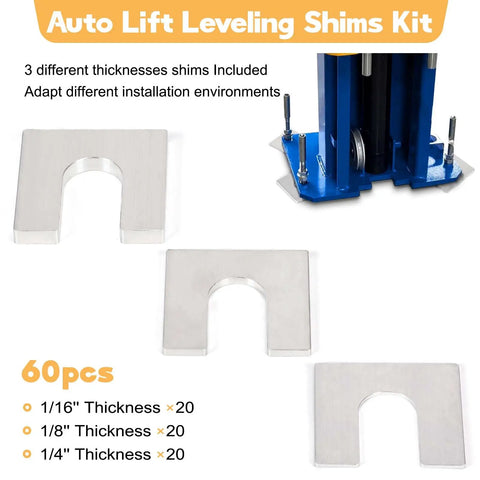 Rock Solid Sixty Piece Auto Lift Leveling Shims Kit for Two And Four Post Vehicle Hoists showing 3 sizes of aluminum shims.
