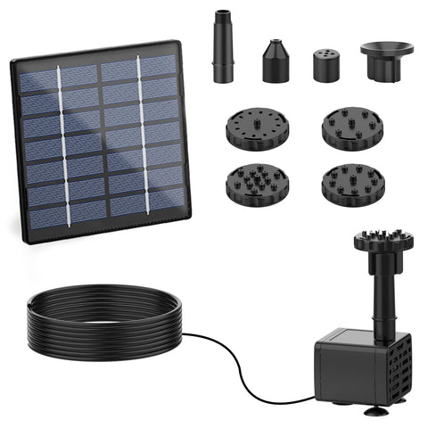 Solar Water Fountain Pump Kit For Outdoor Features 2026 Upgraded DIY Kit With 6 Nozzles And 9.8ft Power Cord Built For Bird Baths Ponds Gardens And Fish Tanks Create Beautiful Water Features With Eco Friendly Solar Power shown with solar panel, nozzles, and pump components