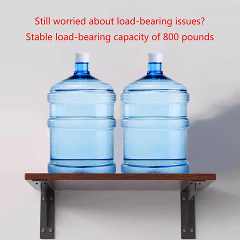 Heavy Duty Metal Shelf Brackets For Wall Mount Storage with two water bottles on a wooden shelf, showcasing sturdy support.