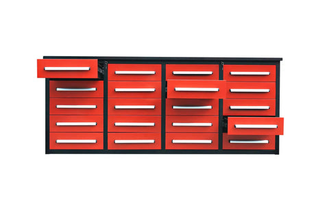 Built Like A Tank 20 Drawer Tool Cabinet With Integrated Workbench And Locking Drawers For Garage Or Shop featuring red drawers.