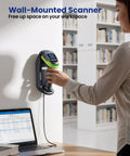 All In One Wireless Barcode Scanner With Screen Pro 1D 2D QR Bluetooth Wall Mount Charging Cradle in use on office wall