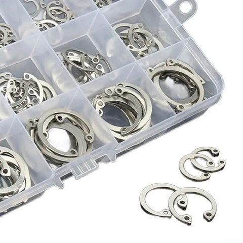 Heavy Duty E-Type Snap Ring Set Made From Super Strong 65Mn Manganese Alloy Steel in a case with various sizes.
