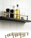4 Pack Unlacquered Antique Brass Gallery Rails For Shelving featuring rock solid anti slide edges with spice jars and a bottle.