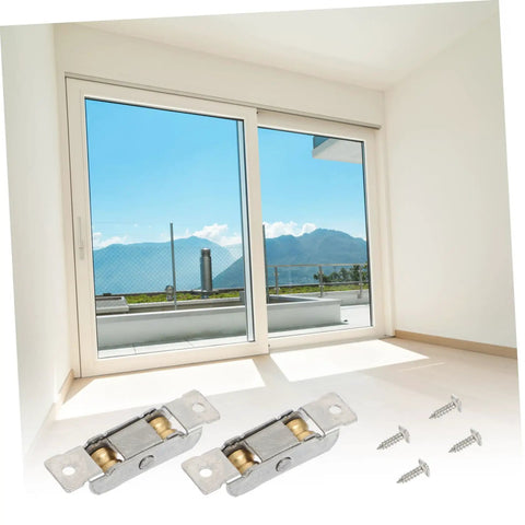 Heavy Duty Stainless Steel Sliding Door Wheels Pair With Double Pulley Track For Smooth Quiet Glide And No Sweat Cabinet Hardware Upgrade Set Includes Mounting Screws, 2 rollers and screws on floor.
