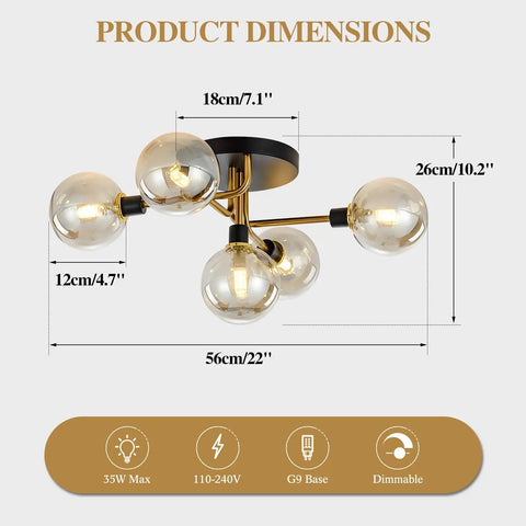 Five Light Black And Gold Brushed Metal Sputnik Ceiling Light With Glass Globes Semi Flush Mount Dope Modern Mid Century Chandelier For Farmhouse Vibes And Vintage Style Close To Ceiling Amber dimensions and specs
