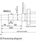 SFE5050 Processing diagram showing dimensions of Bulletproof 50mm High Lead Ballscrew With Slick Fifty Millimeter Pitch And 48.82 Inch Rod.