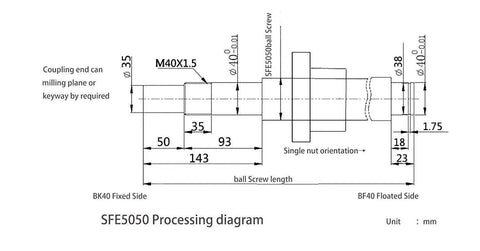 SFE5050 Processing diagram showing dimensions of Bulletproof 50mm High Lead Ballscrew With Slick Fifty Millimeter Pitch And 48.82 Inch Rod.
