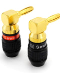 Right Angle Banana Plugs, 6 Pairs Gold Plated Speaker Plugs with 90 Degree Quick Connect, two plugs on white background.