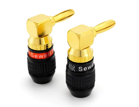 Right Angle Banana Plugs, 6 Pairs Gold Plated Speaker Plugs with 90 Degree Quick Connect, two plugs on white background.