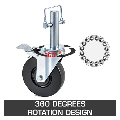 Tough As Nails 5 Inch Caster Wheels 4 Pack With Dual Locking Brakes features a 360-degree rotation design for mobility.