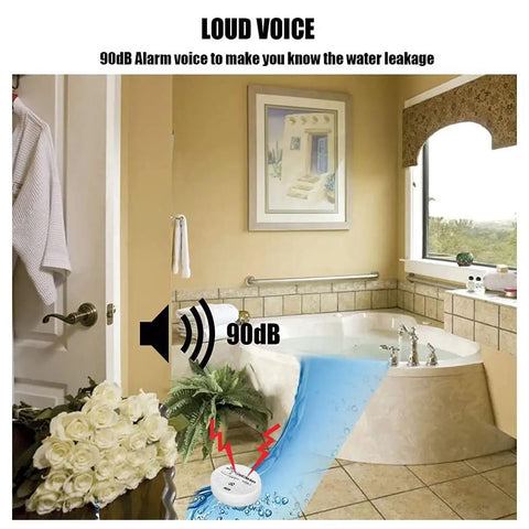 Bathroom with Two-Pack Battery Operated Water Leak Alarm Sensor With 90dB Alarm near bathtub, detecting water leak