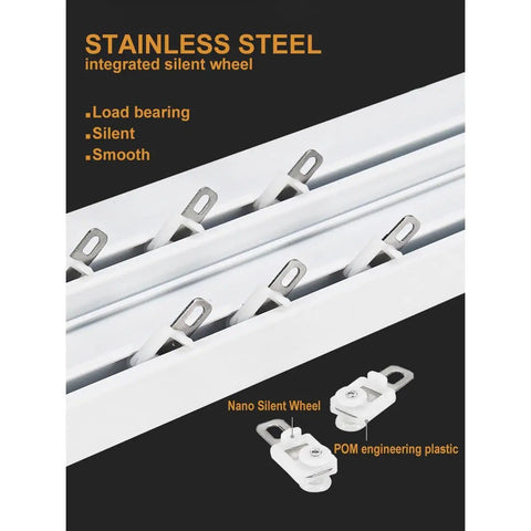 Dual Rail Sliding Barn Door Hardware Kit, stainless steel silent wheel detail, integrated load bearing design.