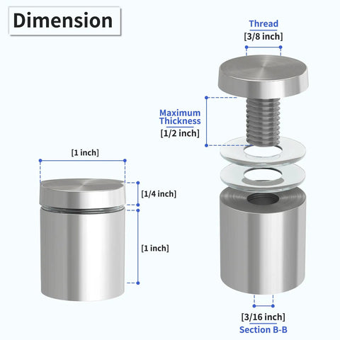 Dimensions of 50 Pack Stainless Steel Standoff Screws, One Inch Diameter By One Inch Length, Silver Mounting Hardware