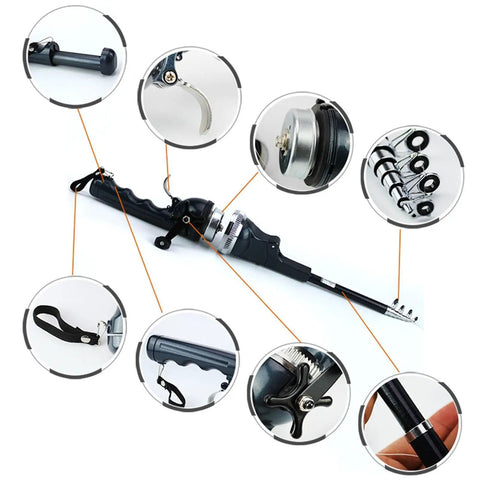 Close-up details of Pocket Size Baitcasting Rod Kit with Telescopic Rod and Included Reel and Line, fishing gear components