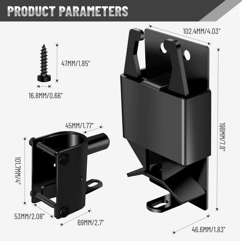 Hella Tough Double Action Barn Gate Latch Kit With Built In Padlock Eye For Round Pipe Metal Fencing Plus Complete Mounting Hardware In Corrosion Resistant Black Zinc Coating with dimensions displayed.