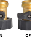 Heavy Duty Brass Shut Off Valves For Garden Hose Connectors With Extra Rubber Seals Three Quarters Inch FNH To Three Quarters Inch MNH 2 Pack Built For Outdoor Use Leakproof Corrosion Resistant Durable Easy Turn Ideal For Hoses And Sprayers showing on and off positions