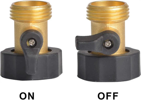 Heavy Duty Brass Shut Off Valves For Garden Hose Connectors With Extra Rubber Seals Three Quarters Inch FNH To Three Quarters Inch MNH 2 Pack Built For Outdoor Use Leakproof Corrosion Resistant Durable Easy Turn Ideal For Hoses And Sprayers showing on and off positions