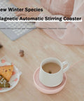 Electric Cup Warmer With Auto Shut Off Timer And Dual Temp Control Keeps Your Morning Brew Cozy On Your Desk With A Bright LED Display Top Tier Gift For Coffee Lovers In White with a pink magnetic automatic stirring coaster.